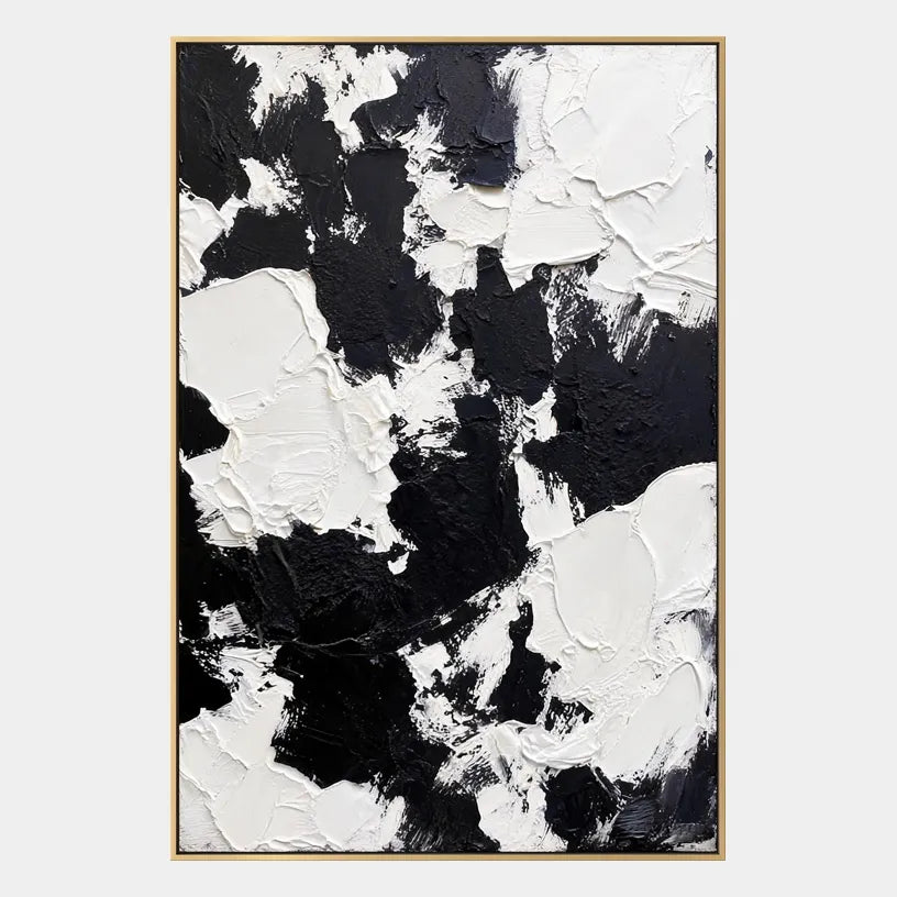 Wabi-Sabi abstract oil painting showing layered abstract marks, texture and expressive painterly movement in a black and white palette.