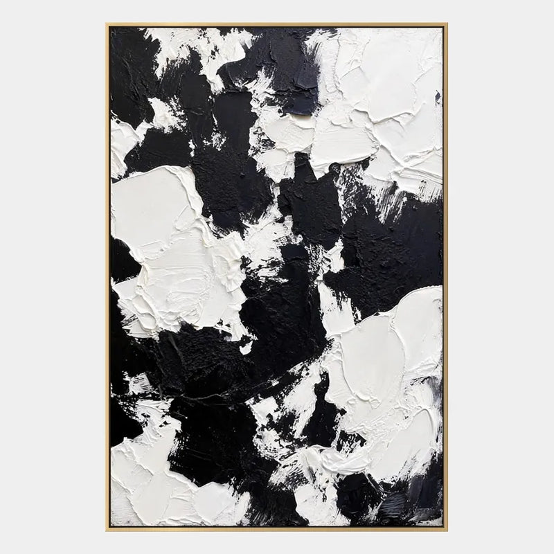 Peinture à l'huile abstraite et conceptuelle Wabi-Sabi présentant des marques abstraites superposées, une texture et un mouvement pictural expressif dans une palette noir et blanc.