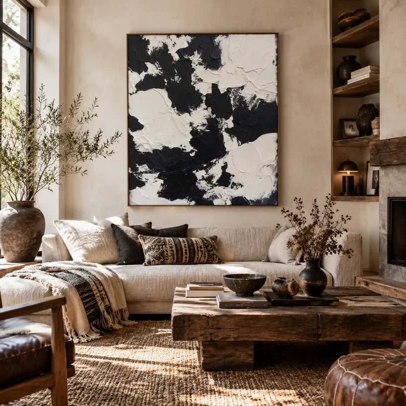 Wabi-Sabi abstract oil painting showing layered abstract marks, texture and expressive painterly movement in a black and white palette.