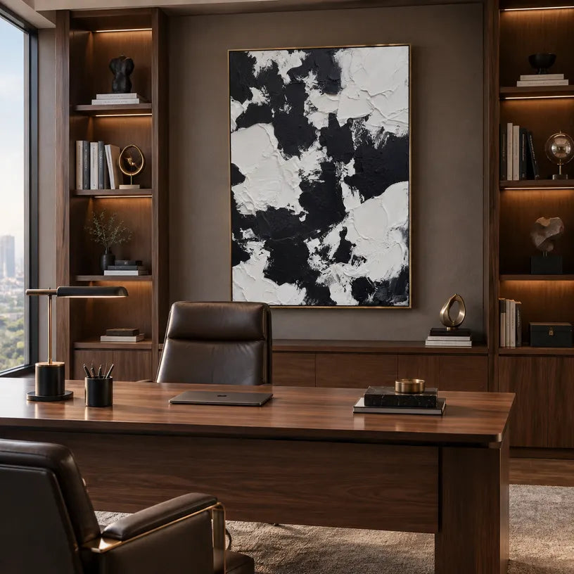 Wabi-Sabi abstract oil painting showing layered abstract marks, texture and expressive painterly movement in a black and white palette.