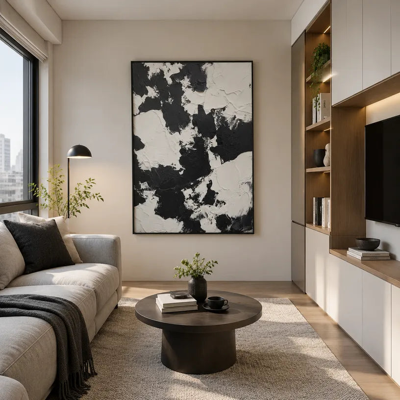 Wabi-Sabi abstract oil painting showing layered abstract marks, texture and expressive painterly movement in a black and white palette.