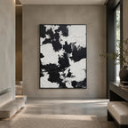 Wabi-Sabi abstract oil painting showing layered abstract marks, texture and expressive painterly movement in a black and white palette.