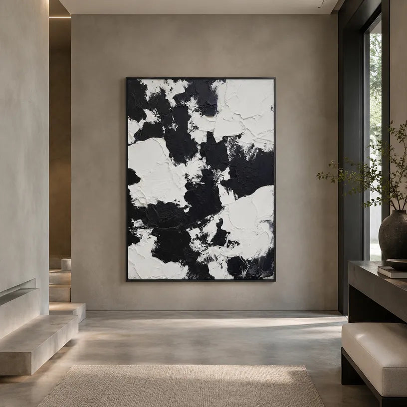 Wabi-Sabi abstract oil painting showing layered abstract marks, texture and expressive painterly movement in a black and white palette.
