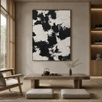 Wabi-Sabi abstract oil painting showing layered abstract marks, texture and expressive painterly movement in a black and white palette.