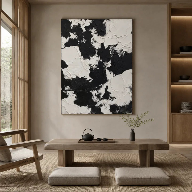 Wabi-Sabi abstract oil painting showing layered abstract marks, texture and expressive painterly movement in a black and white palette.