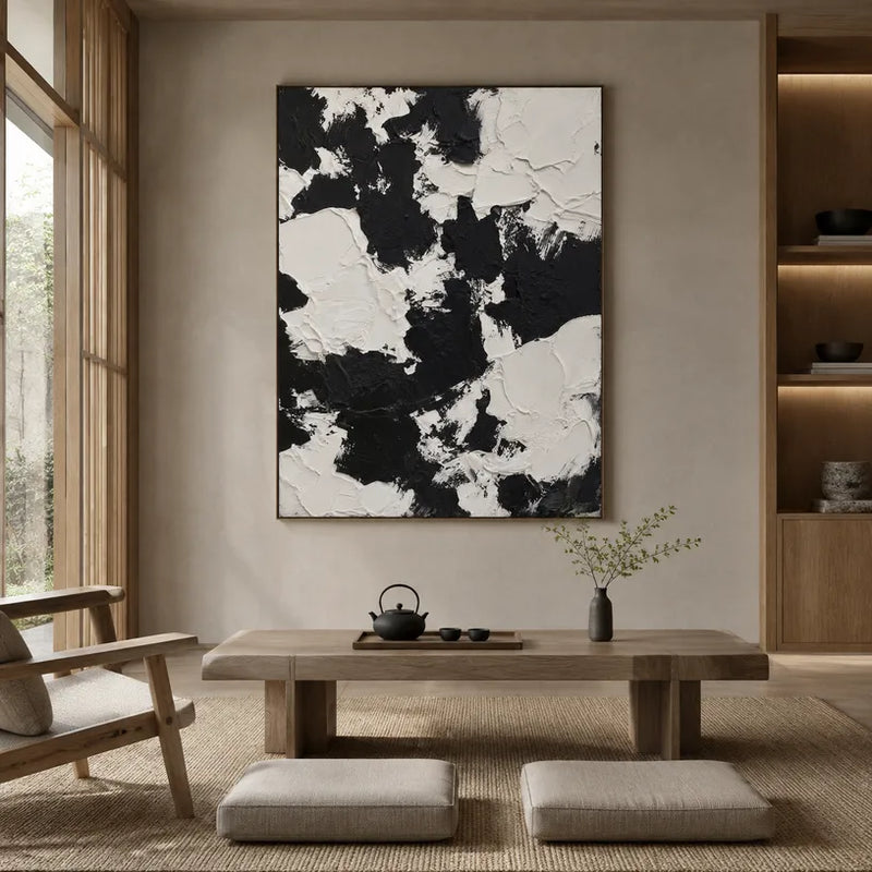 Peinture à l'huile abstraite et conceptuelle Wabi-Sabi présentant des marques abstraites superposées, une texture et un mouvement pictural expressif dans une palette noir et blanc.
