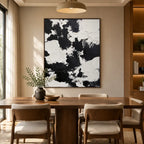 Wabi-Sabi abstract oil painting showing layered abstract marks, texture and expressive painterly movement in a black and white palette.