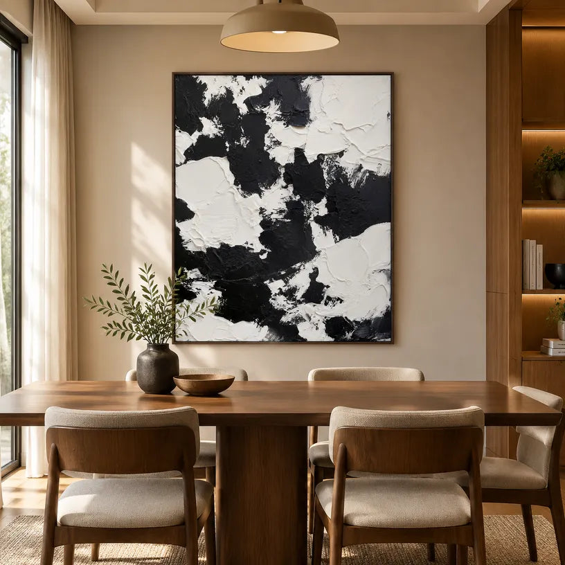Wabi-Sabi abstract oil painting showing layered abstract marks, texture and expressive painterly movement in a black and white palette.