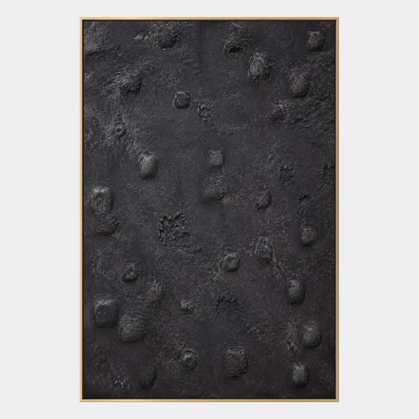 Wabi-Sabi abstract oil painting showing layered abstract marks, texture and expressive painterly movement in a black palette.