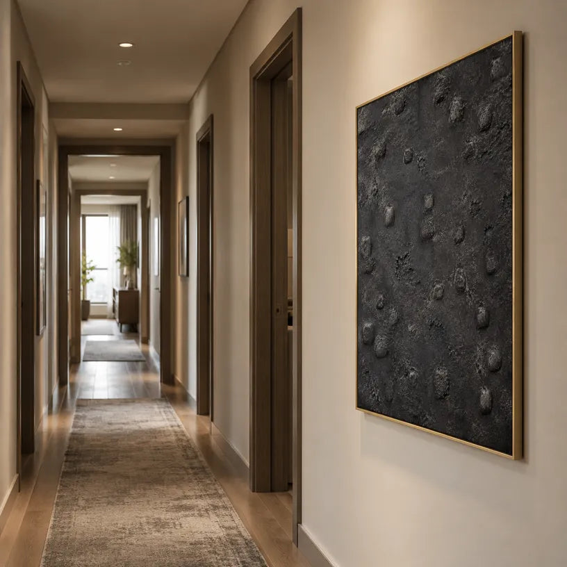 Wabi-Sabi abstract oil painting showing layered abstract marks, texture and expressive painterly movement in a black palette.