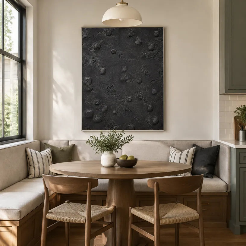 Wabi-Sabi abstract oil painting showing layered abstract marks, texture and expressive painterly movement in a black palette.