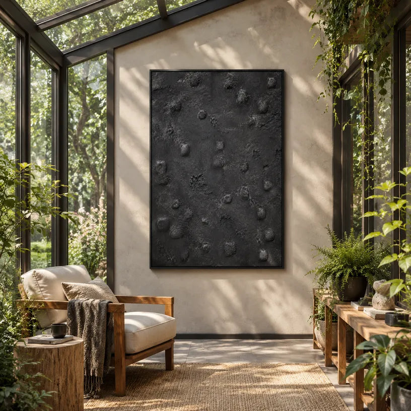Wabi-Sabi abstract oil painting showing layered abstract marks, texture and expressive painterly movement in a black palette.