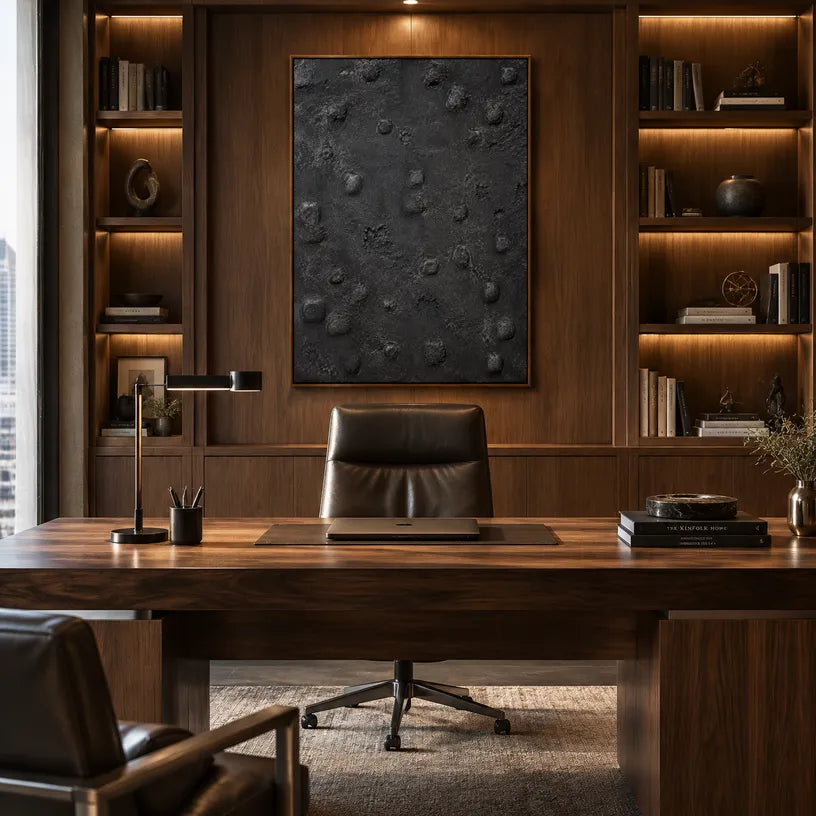 Wabi-Sabi abstract oil painting showing layered abstract marks, texture and expressive painterly movement in a black palette.