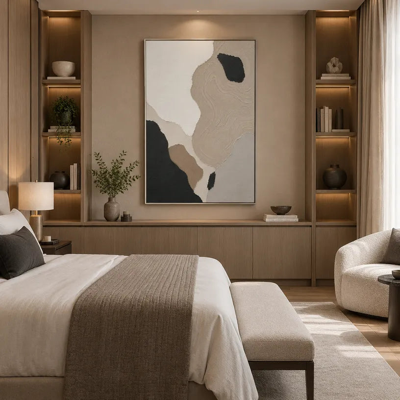 Wabi-Sabi abstract oil painting showing layered abstract marks, texture and expressive painterly movement in a brown palette.