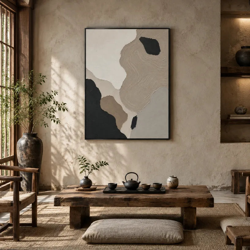 Wabi-Sabi abstract oil painting showing layered abstract marks, texture and expressive painterly movement in a brown palette.