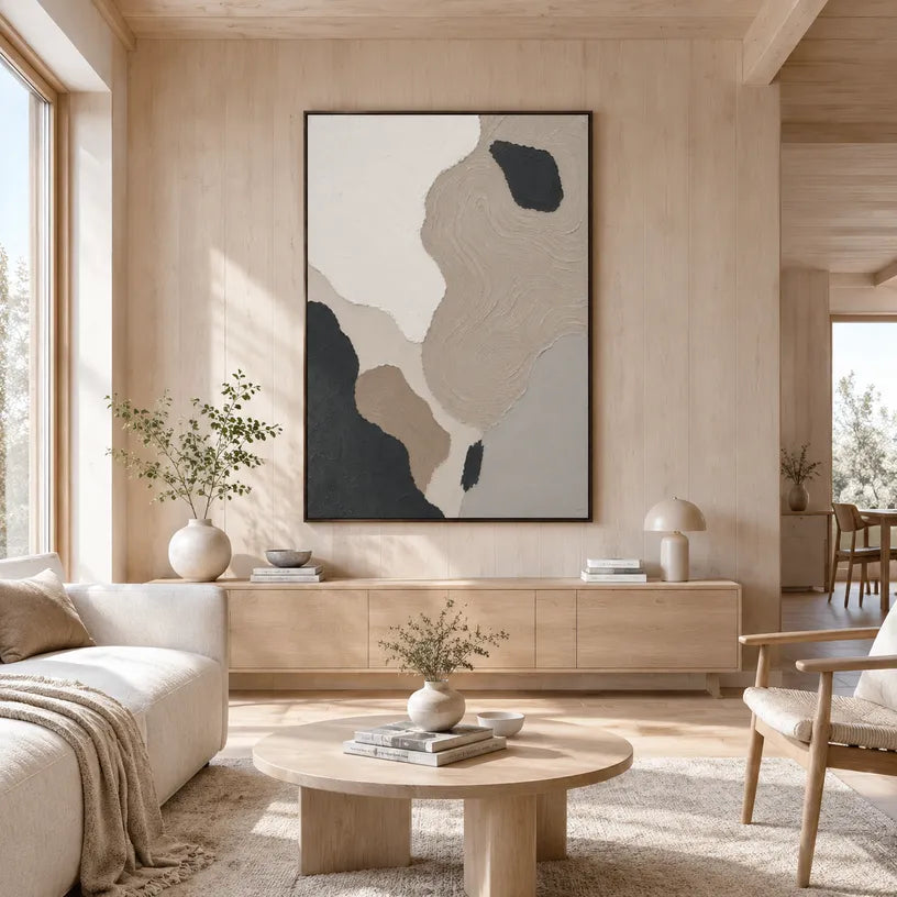Wabi-Sabi abstract oil painting showing layered abstract marks, texture and expressive painterly movement in a brown palette.