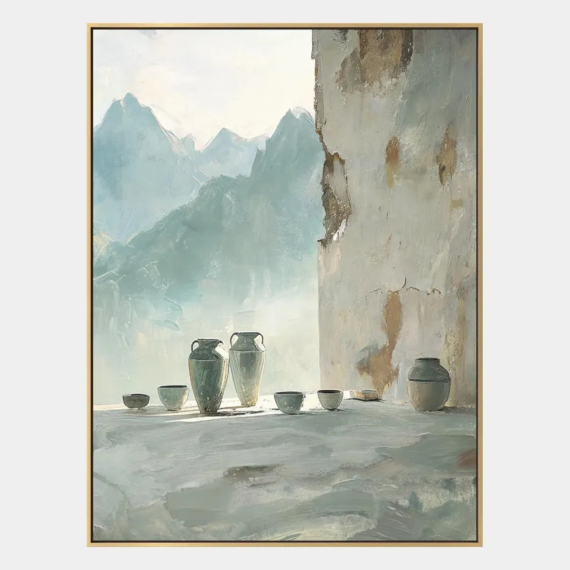 Wabi-Sabi abstract oil painting showing layered abstract marks, texture and expressive painterly movement in a grey palette.