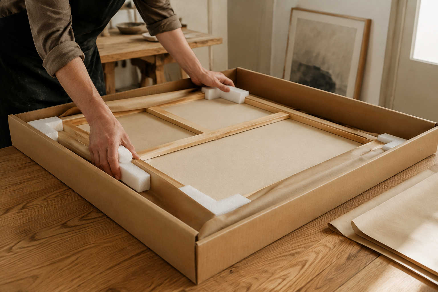 Illustration of a framed canvas protected in a shipping carton