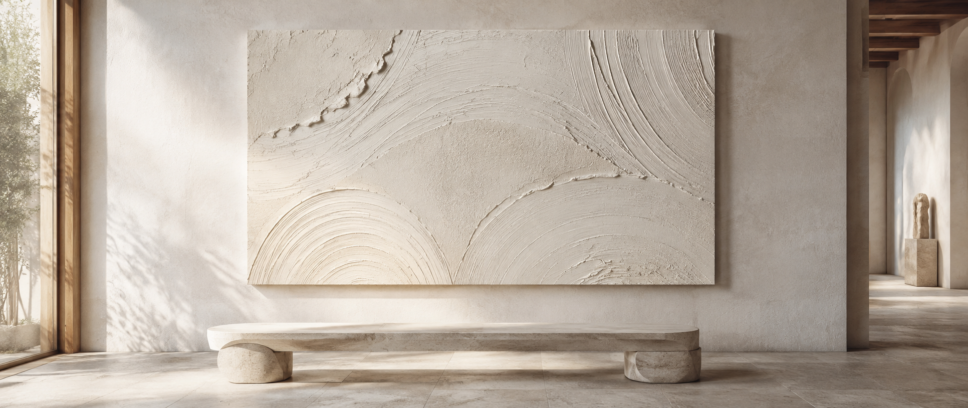 Sculptural textured artwork in a VicsArt interior