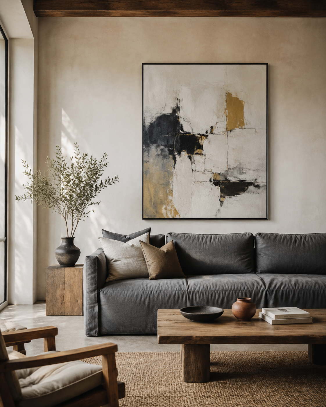 Illustrative living room with framed abstract art