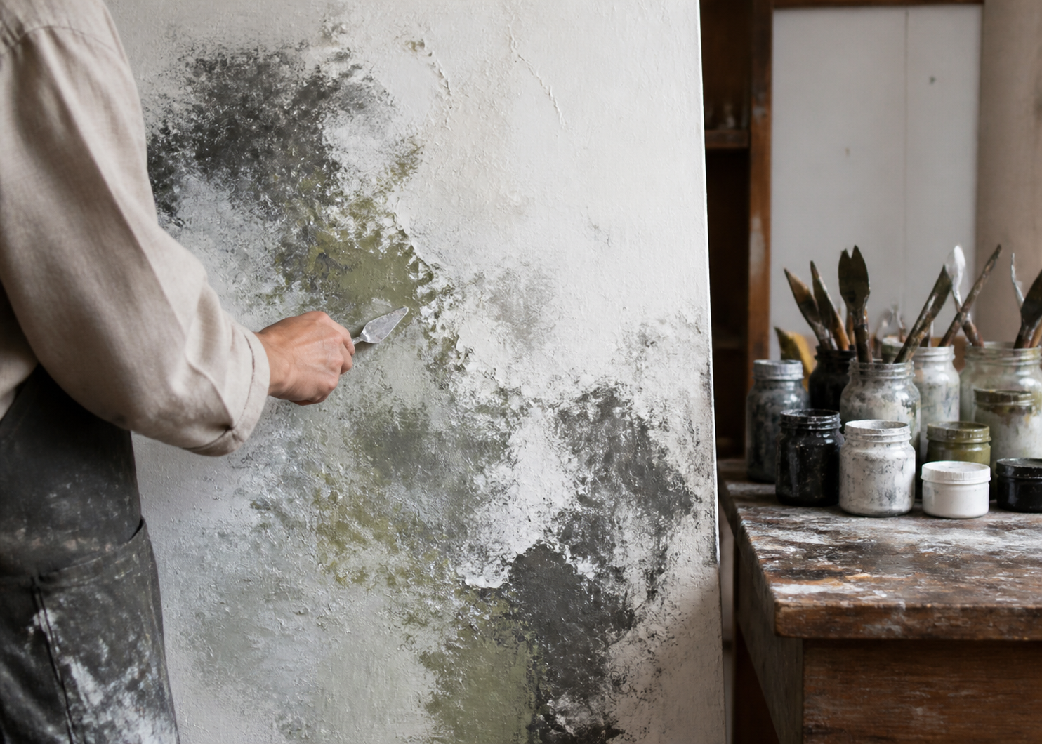 Illustration of textured artwork being painted in a sunlit studio