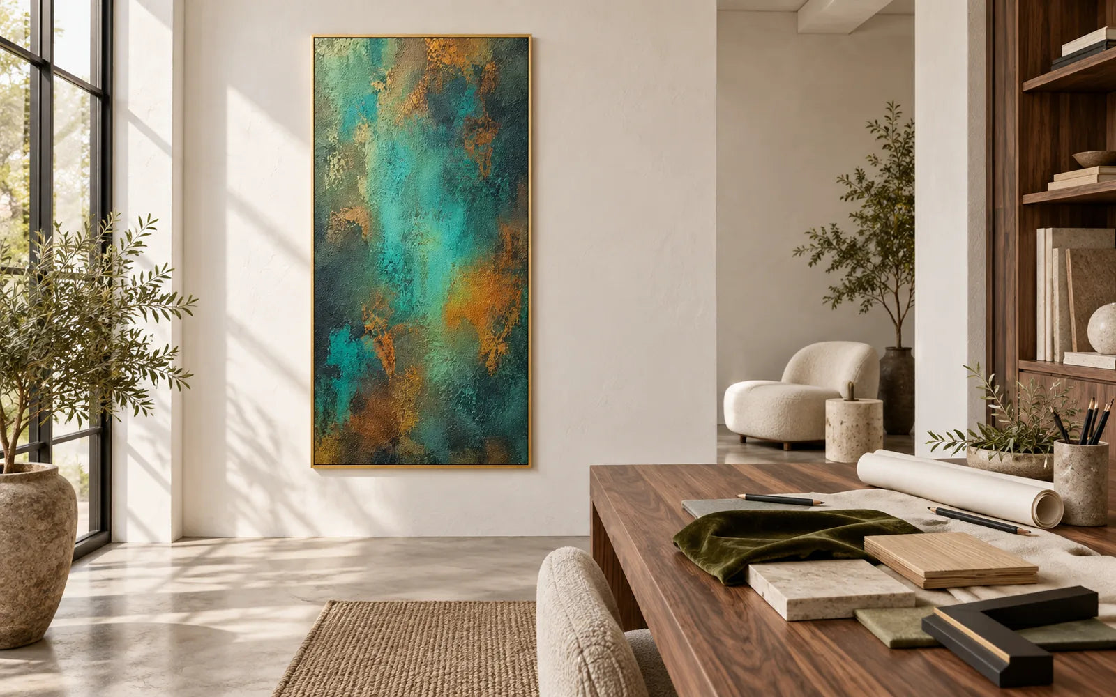 Opere d'arte astratta verticale verde e oro in uno studio di design con campioni di velluto, quercia, pietra e cornice